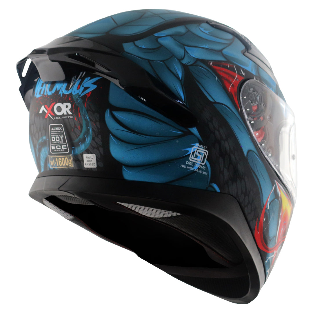 Motorcycle full face matt blue black red snake eyes and fangs graphic - ISI ECE
