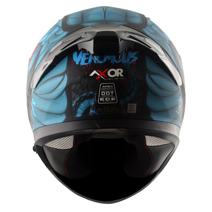 Motorcycle full face matt blue black red snake eyes and fangs graphic - ISI ECE