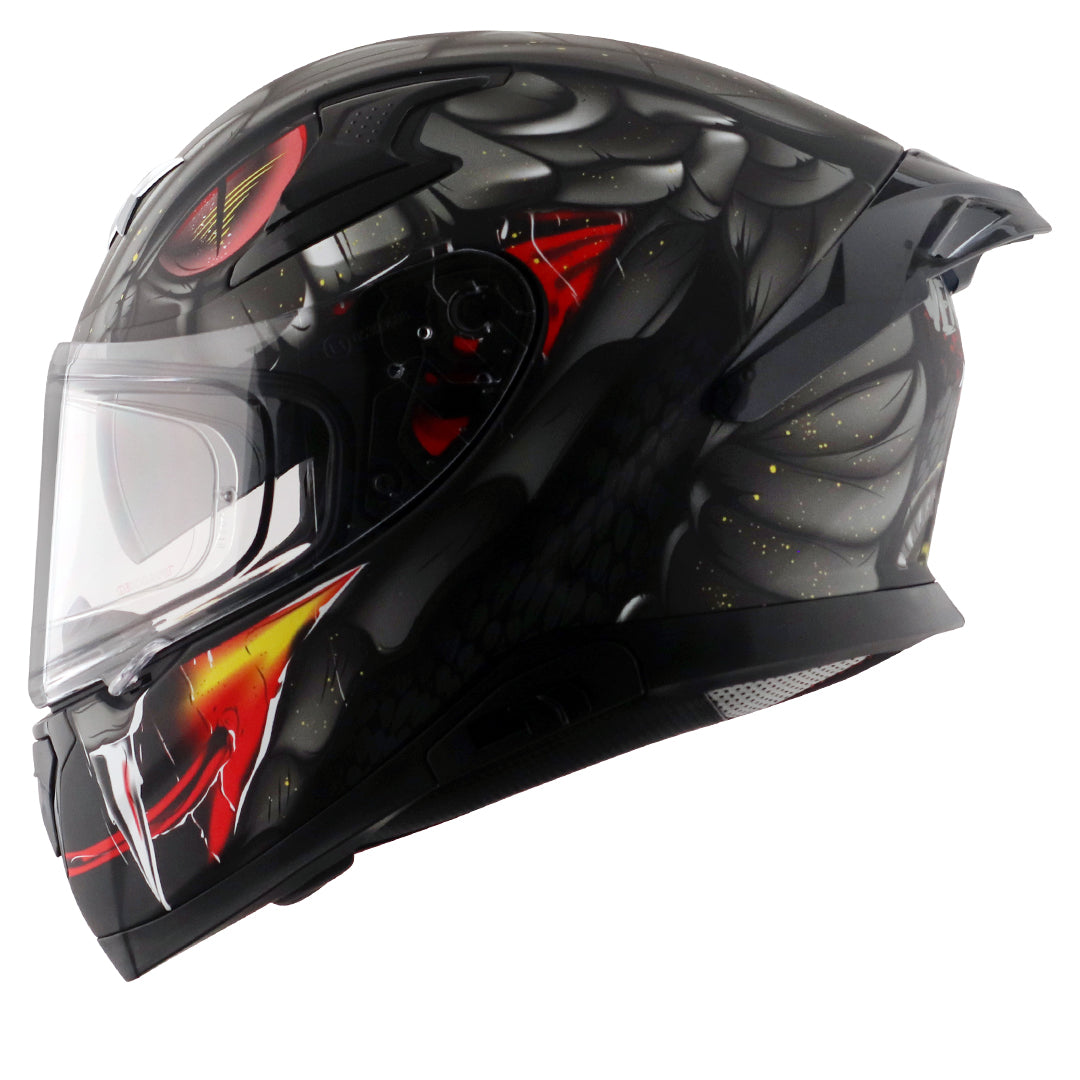 Motorcycle full face matt black grey snake  eyes and fangs graphic - ISI ECE
