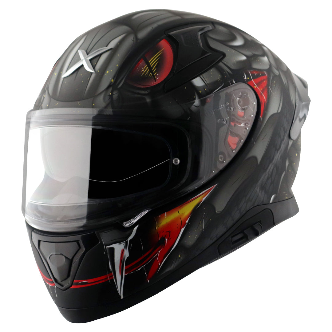 Motorcycle full face matt black grey snake  eyes and fangs graphic - ISI ECE
