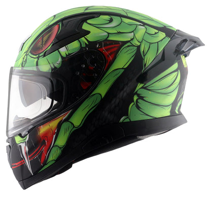 Motorcycle full face matt green black red snake eyes and fangs graphic - ISI ECE