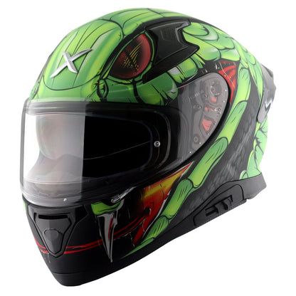 Motorcycle full face matt green black red snake eyes and fangs graphic - ISI ECE