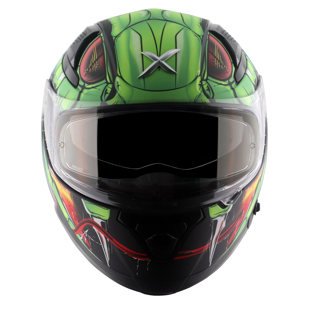 Motorcycle full face matt green black red snake eyes and fangs graphic - ISI ECE