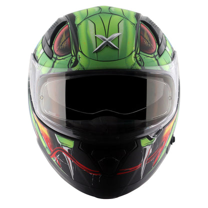 Motorcycle full face matt green black red snake eyes and fangs graphic - ISI ECE