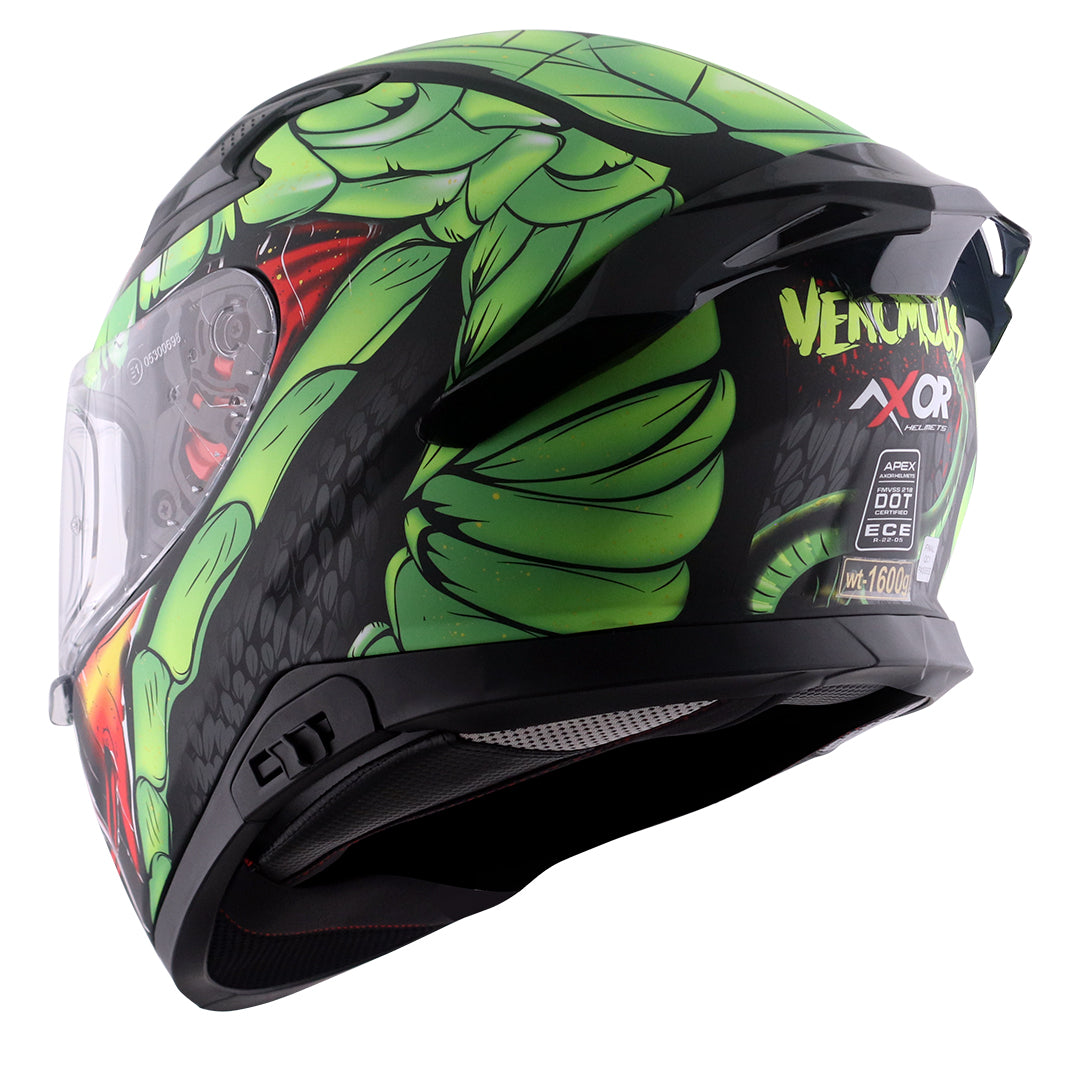 Motorcycle full face matt green black red snake eyes and fangs graphic - ISI ECE