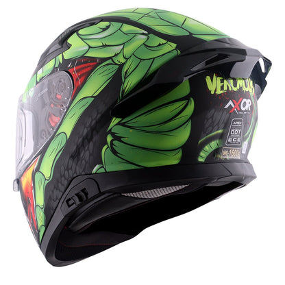 Motorcycle full face matt green black red snake eyes and fangs graphic - ISI ECE