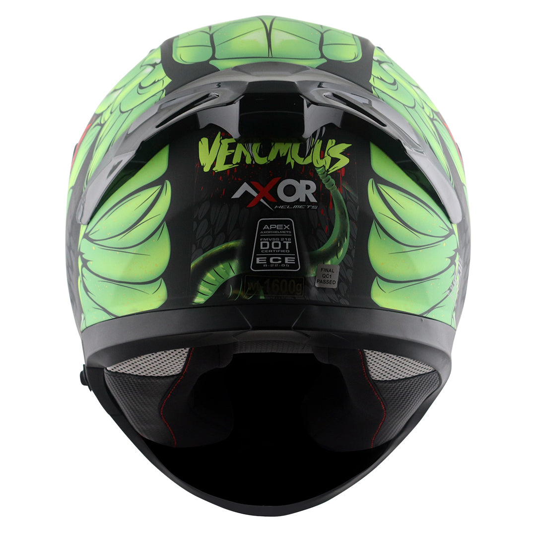 Motorcycle full face matt green black red snake eyes and fangs graphic - ISI ECE