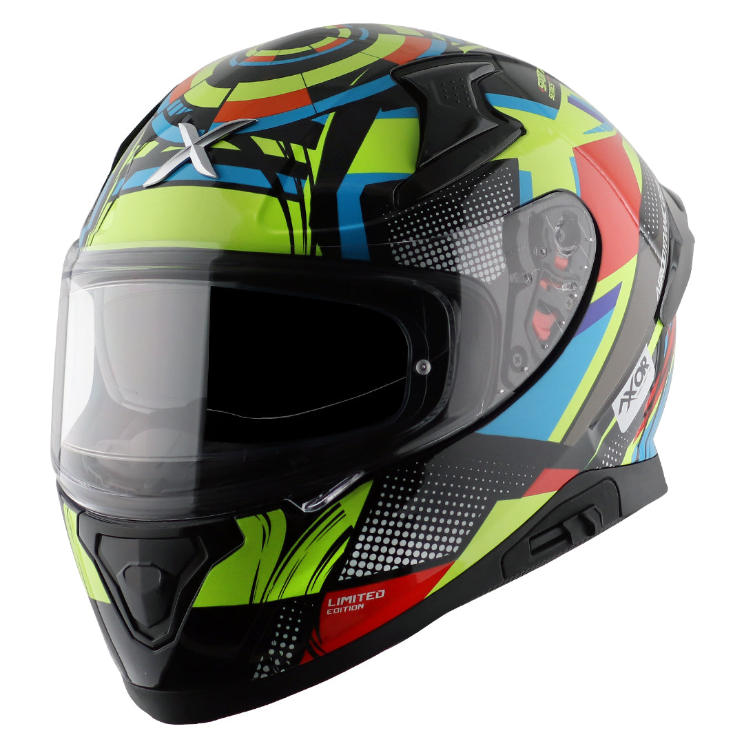 Motorcycle full face helmet glossy black neon yellow blue and red - pinlock sun visor incl. 