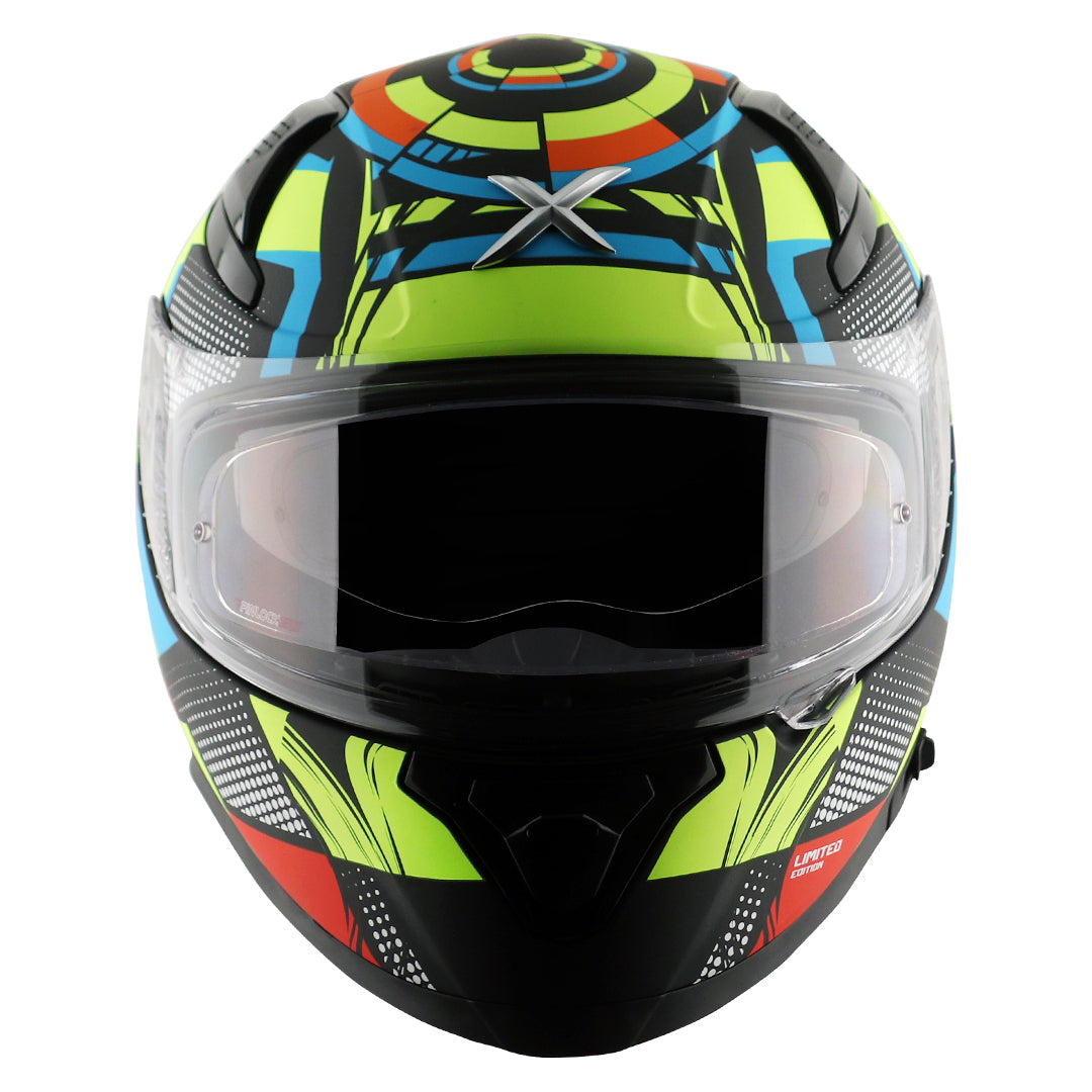 Motorcycle full face helmet glossy black neon yellow blue and red - pinlock sun visor incl. 