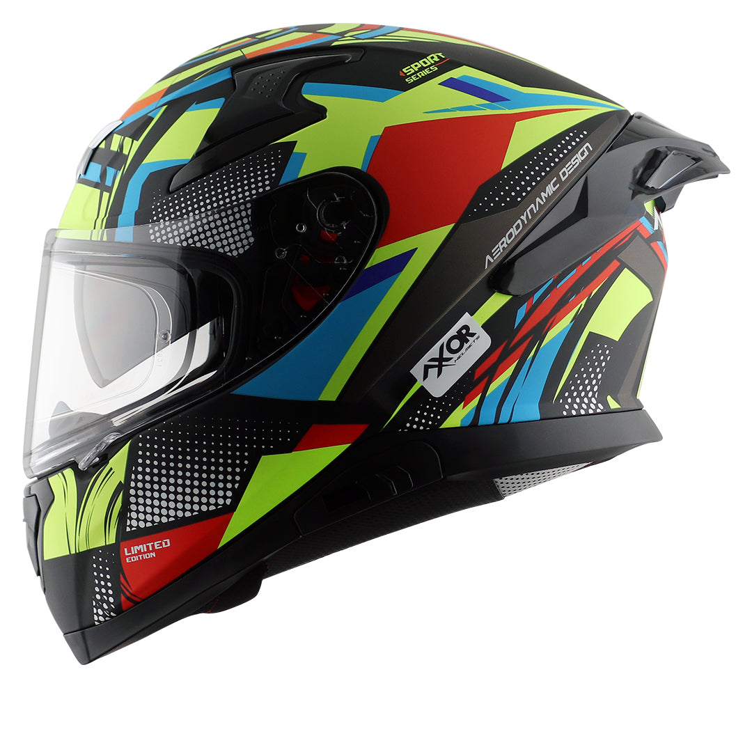 Motorcycle full face helmet glossy black neon yellow blue and red - pinlock sun visor incl. 