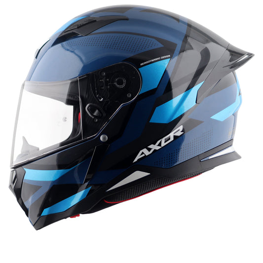 Motorcycle full face helmet glossy shades of blue geometric graphics, optimal ventilation, pinlock ready