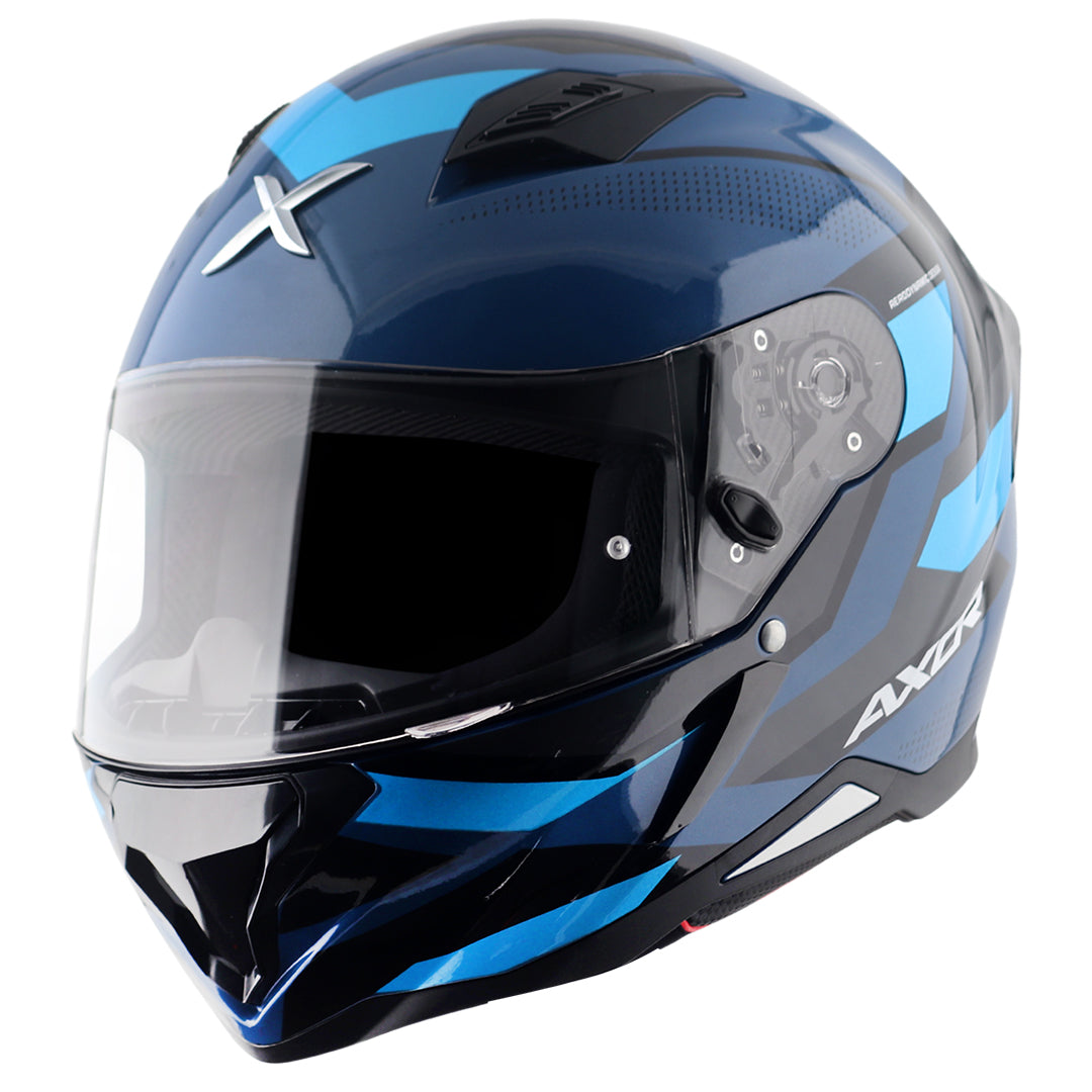 Motorcycle full face helmet glossy shades of blue geometric graphics, optimal ventilation, pinlock ready