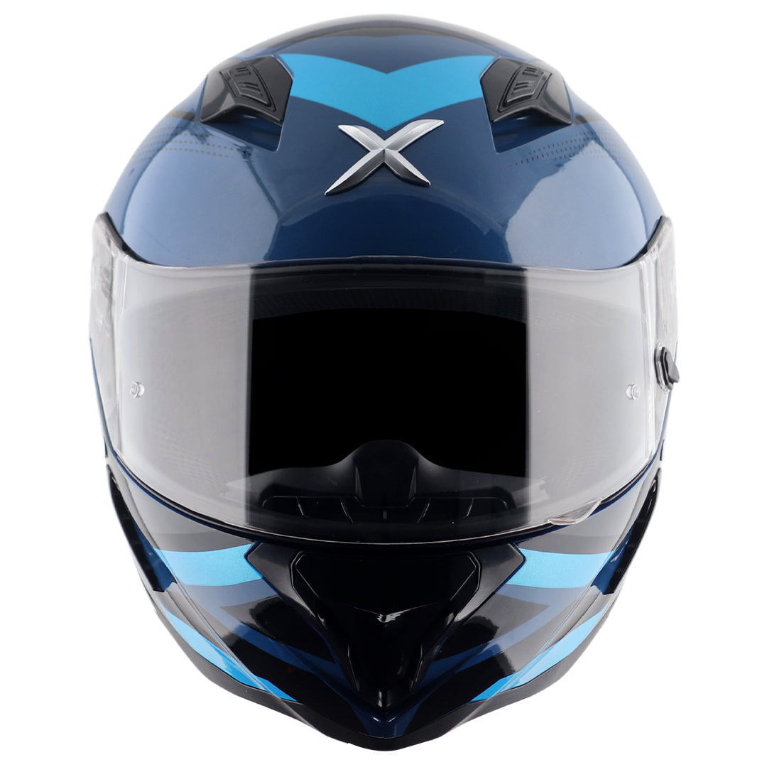 Motorcycle full face helmet glossy shades of blue geometric graphics, optimal ventilation, pinlock ready