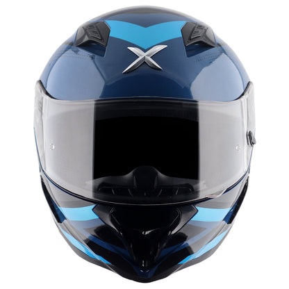 Motorcycle full face helmet glossy shades of blue geometric graphics, optimal ventilation, pinlock ready