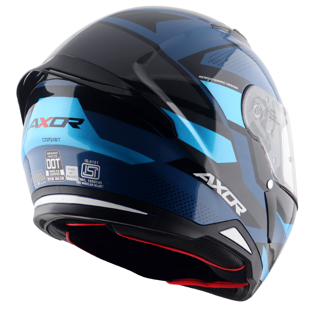 Motorcycle full face helmet glossy shades of blue geometric graphics, optimal ventilation, pinlock ready
