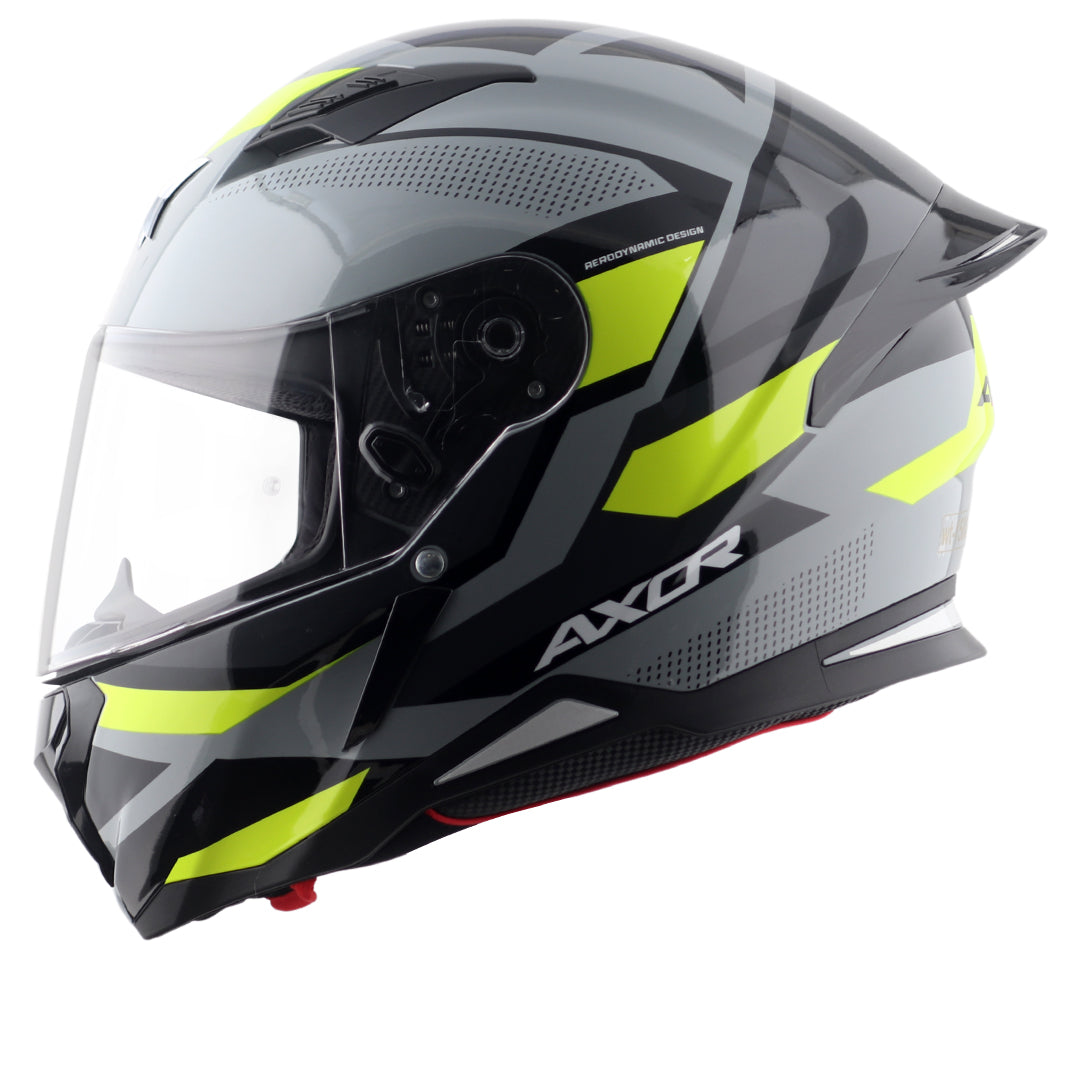 Motorcycle full face helmet glossy grey neon green geometric graphics, optimal ventilation, pinlock ready
