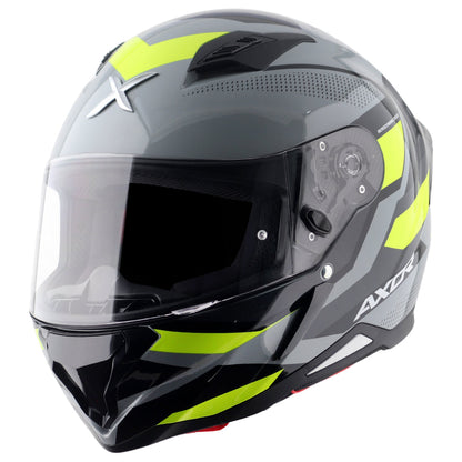 Motorcycle full face helmet glossy grey neon green geometric graphics, optimal ventilation, pinlock ready