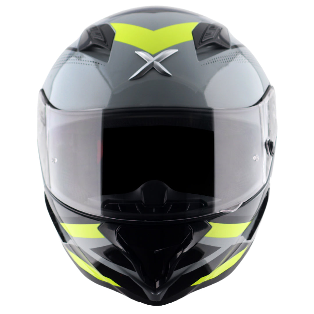 Motorcycle full face helmet glossy grey neon green geometric graphics, optimal ventilation, pinlock ready