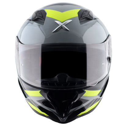 Motorcycle full face helmet glossy grey neon green geometric graphics, optimal ventilation, pinlock ready