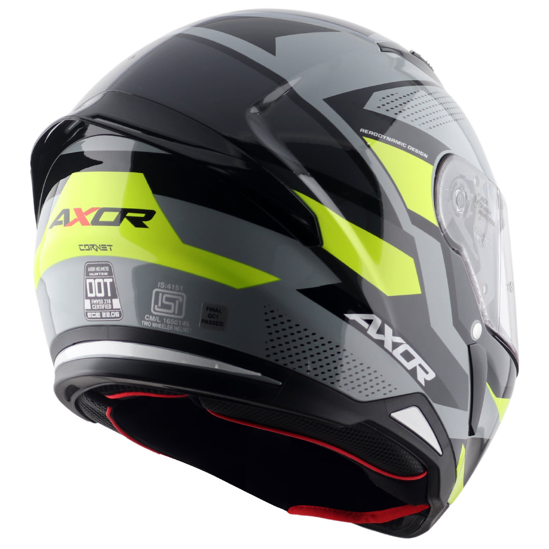 Motorcycle full face helmet glossy grey neon green geometric graphics, optimal ventilation, pinlock ready