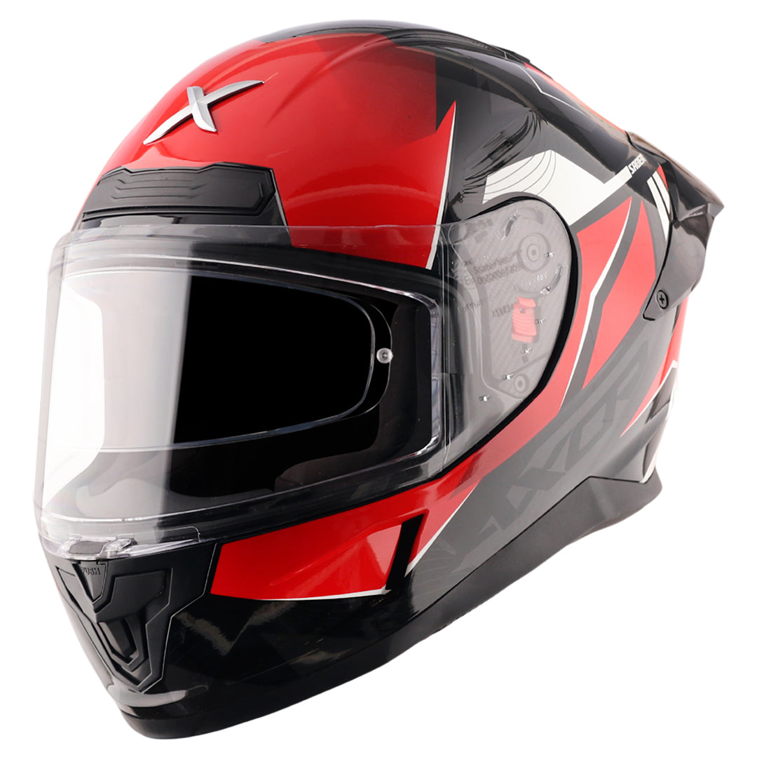 Motorcycle full face helmet gloss red black grey geometric graphic, pinlock ready dot, sun-visor