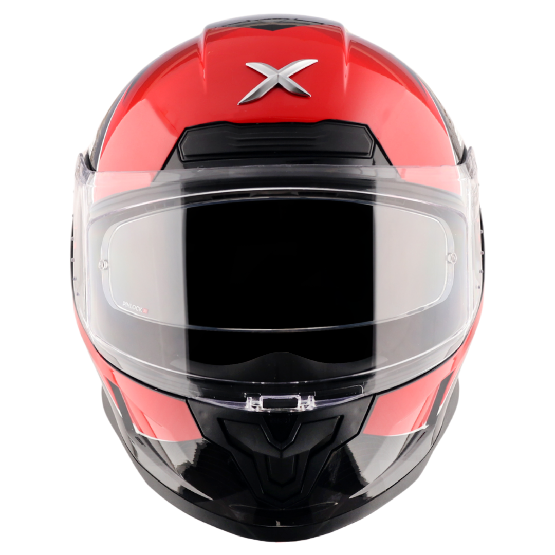 Motorcycle full face helmet gloss red black grey geometric graphic, pinlock ready dot, sun-visorc