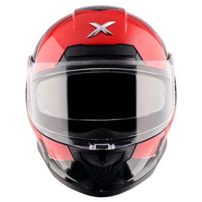 Motorcycle full face helmet gloss red black grey geometric graphic, pinlock ready dot, sun-visorc