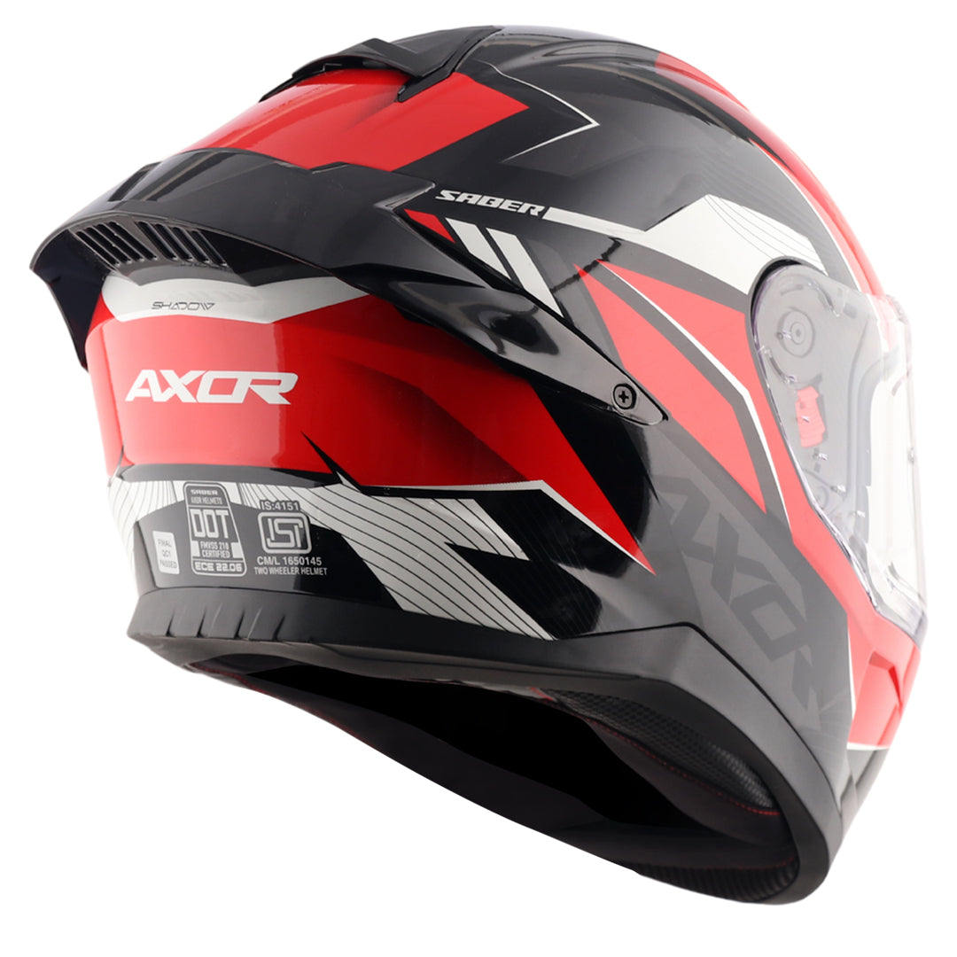 Motorcycle full face helmet gloss red black grey geometric graphic, pinlock ready dot, sun-visor