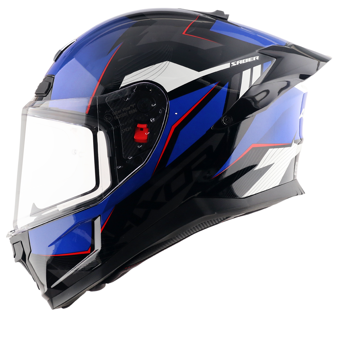 Motorcycle full face helmet gloss blue black grey geometric graphic, pinlock ready dot, sun-visor