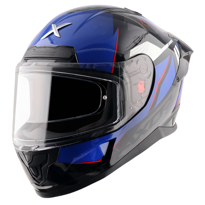 Motorcycle full face helmet gloss blue black grey geometric graphic, pinlock ready dot, sun-visor
