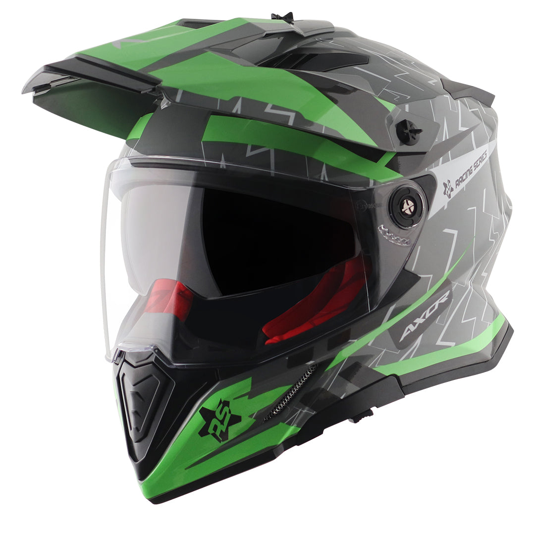 Motorcycle adv / motocross helmet grey green dual visor removable peak pinlock 70