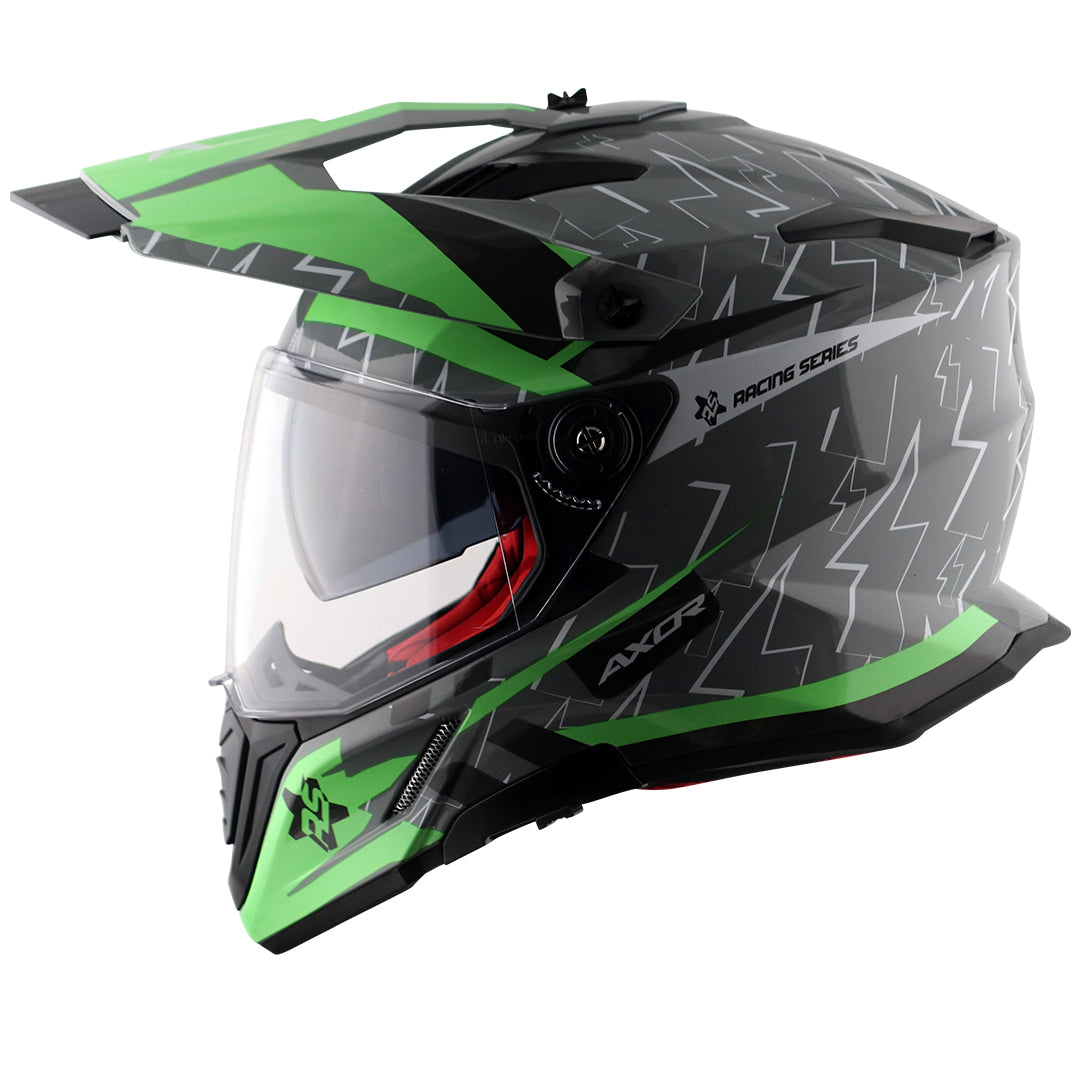 Motorcycle adv / motocross helmet grey green dual visor removable peak pinlock 70