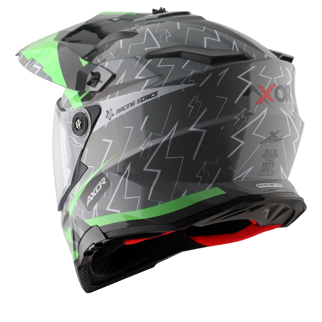 Motorcycle adv / motocross helmet grey green dual visor removable peak pinlock 70