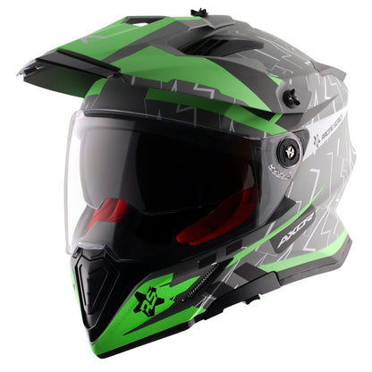 Motorcycle adv / motocross helmet matt grey green dual visor removable peak pinlock 70