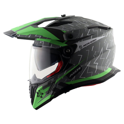 Motorcycle adv / motocross helmet matt grey green dual visor removable peak pinlock 70
