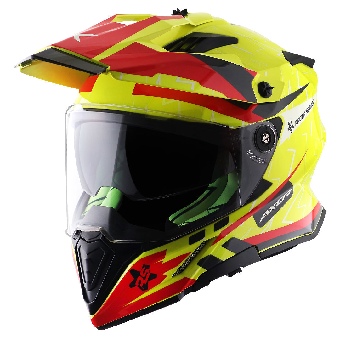 Motorcycle adv / motocross helmet neon yellow red dual visor removable peak pinlock 70