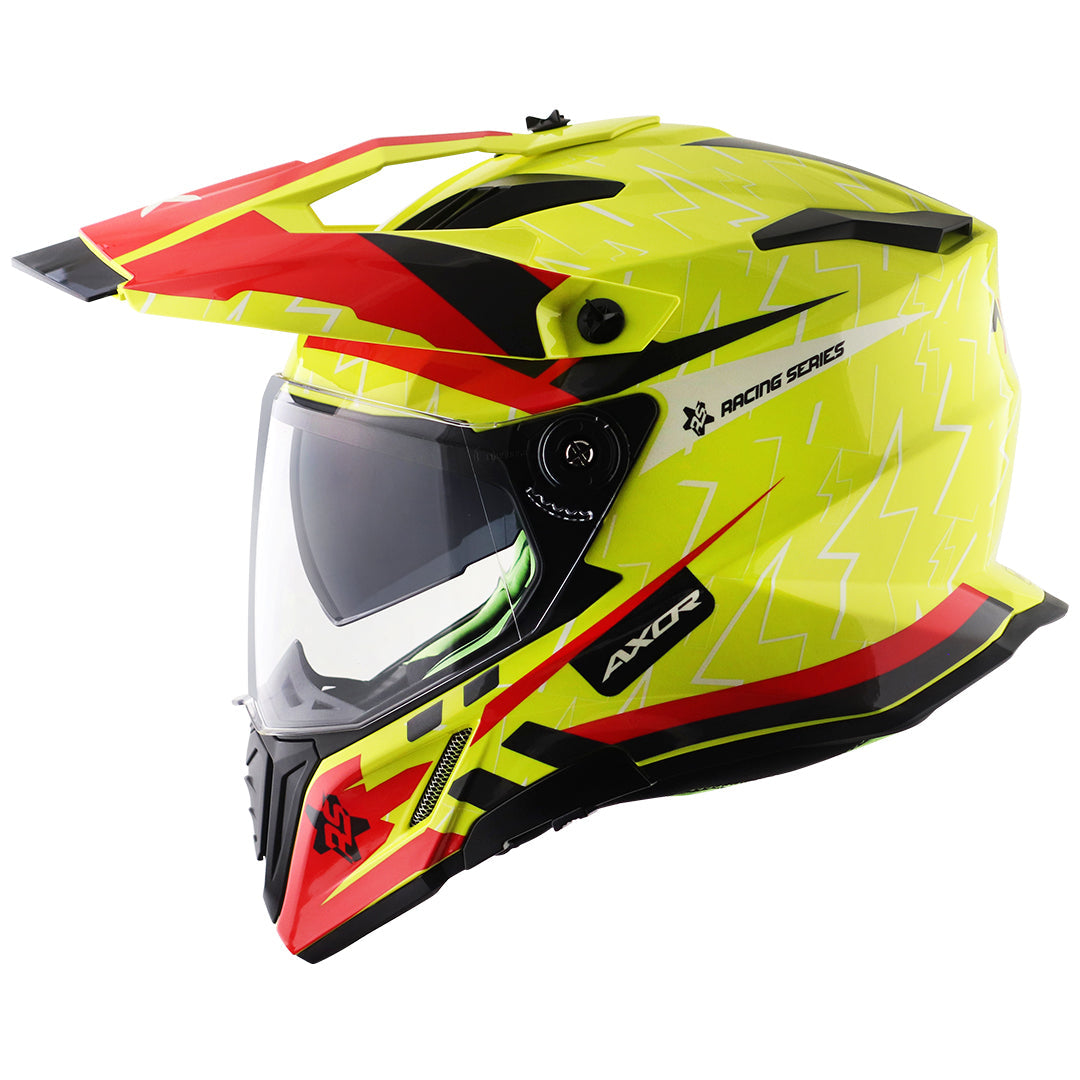 Motorcycle adv / motocross helmet neon yellow red dual visor removable peak pinlock 70