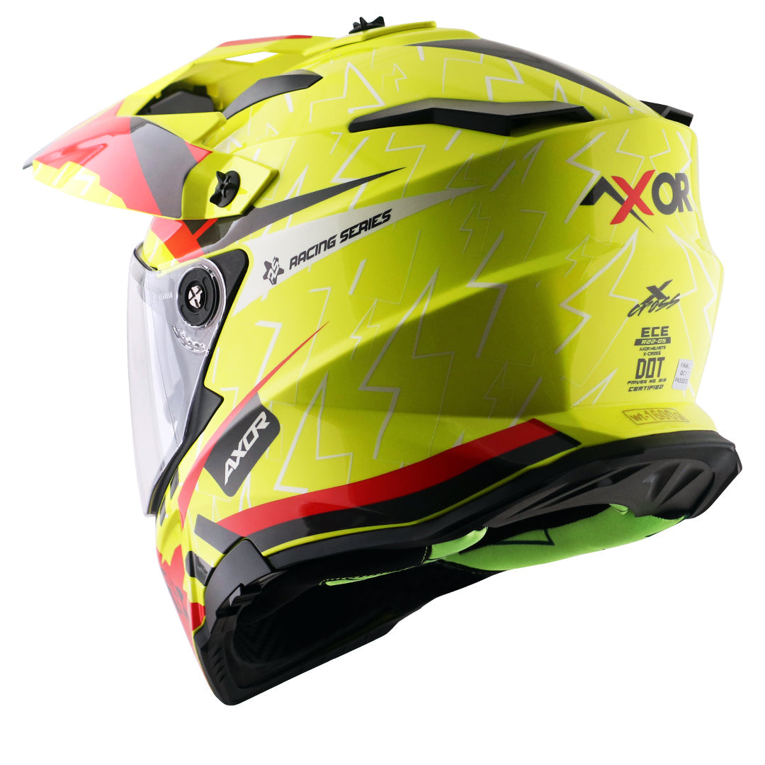 Motorcycle adv / motocross helmet neon yellow red dual visor removable peak pinlock 70