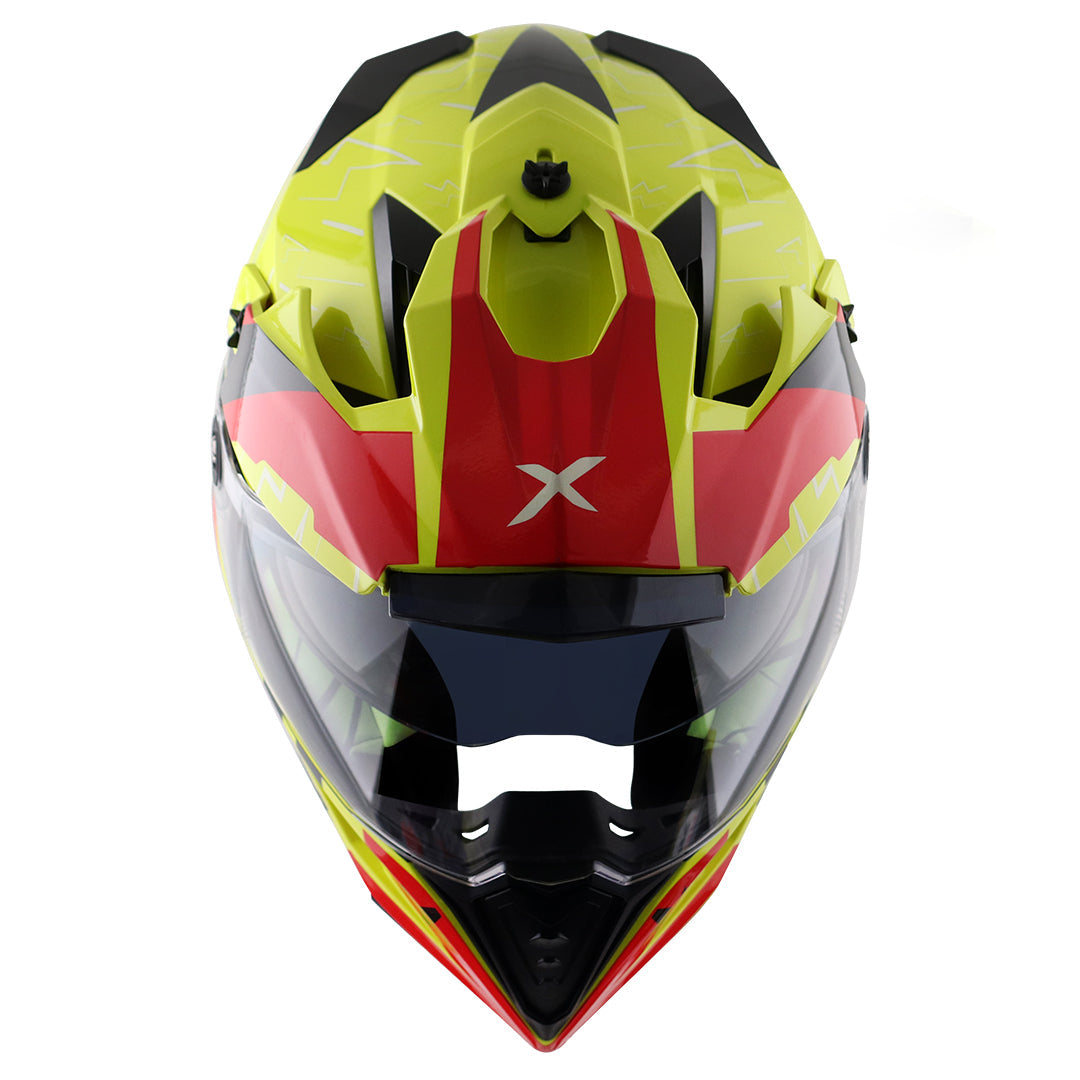 Motorcycle adv / motocross helmet neon yellow red dual visor removable peak pinlock 70