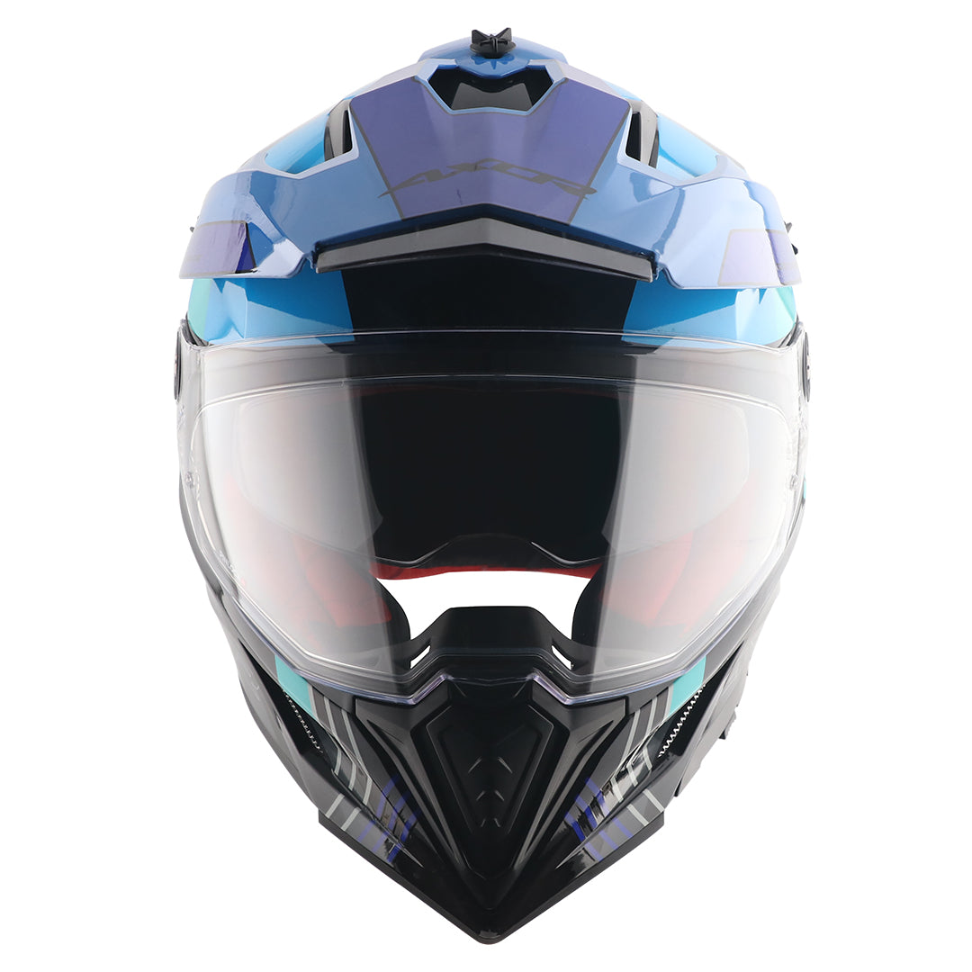 Motorcycle ADV/Off road helmet with peak black with blue sun-visor