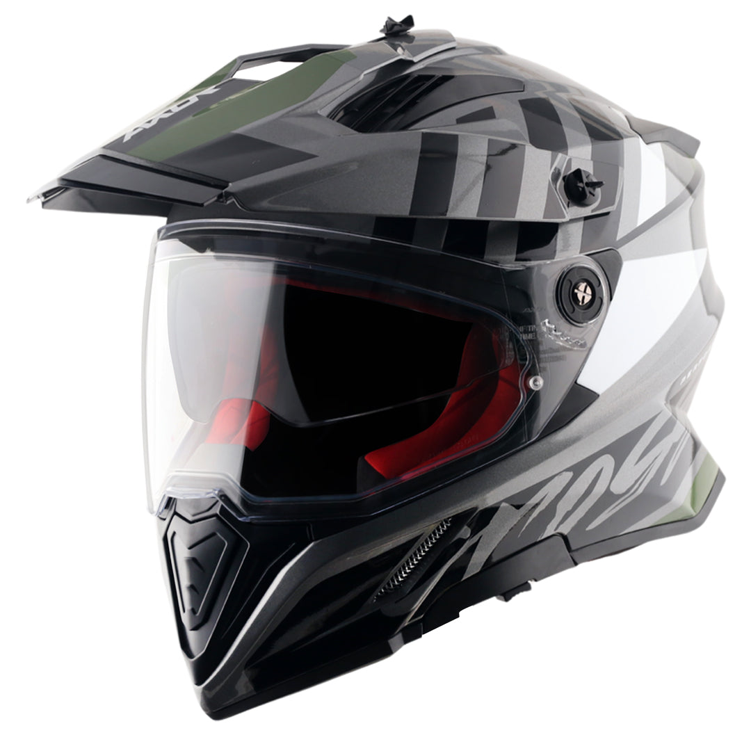 Motorcycle adv / off-roading helmet grey black with dual visor removable peak