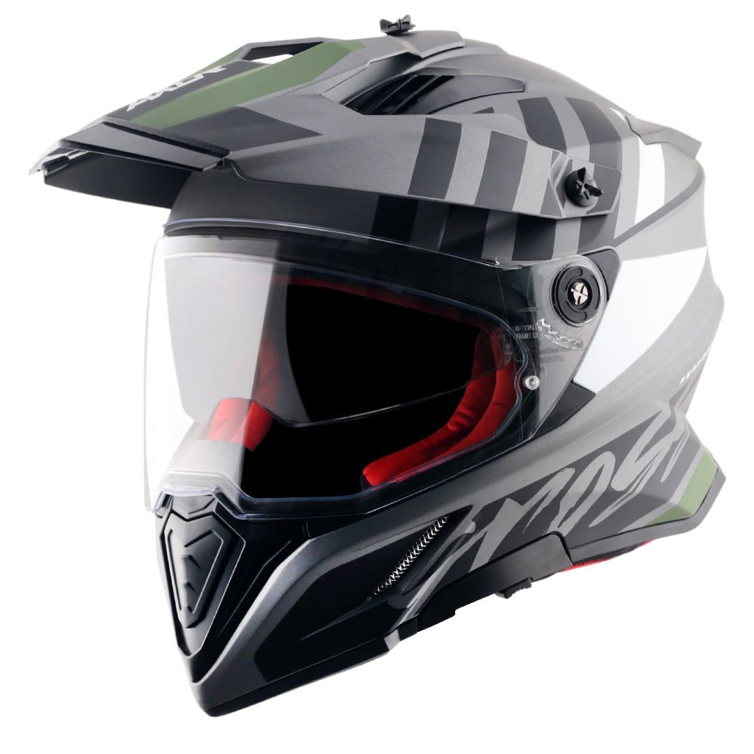 Motorcycle adv / off-roading helmet matt grey black with dual visor removable peak