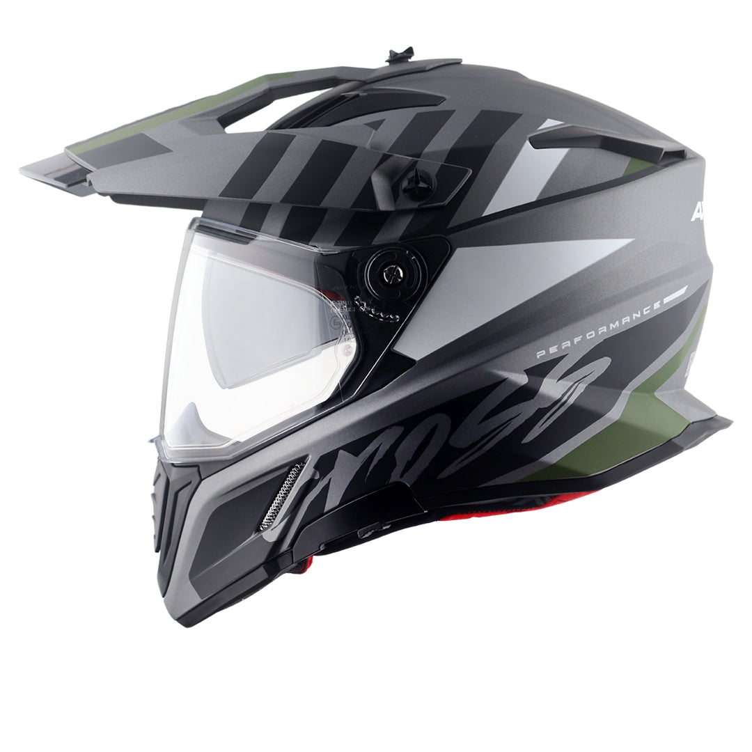 Motorcycle adv / off-roading helmet matt grey black with dual visor removable peak