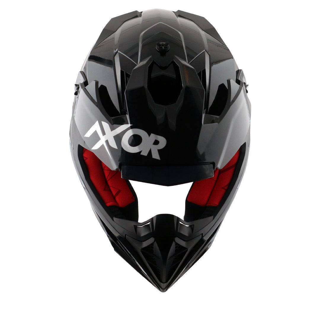 Motorcycle motocross / ADV Helmet glossy black red Off roading removable peak 