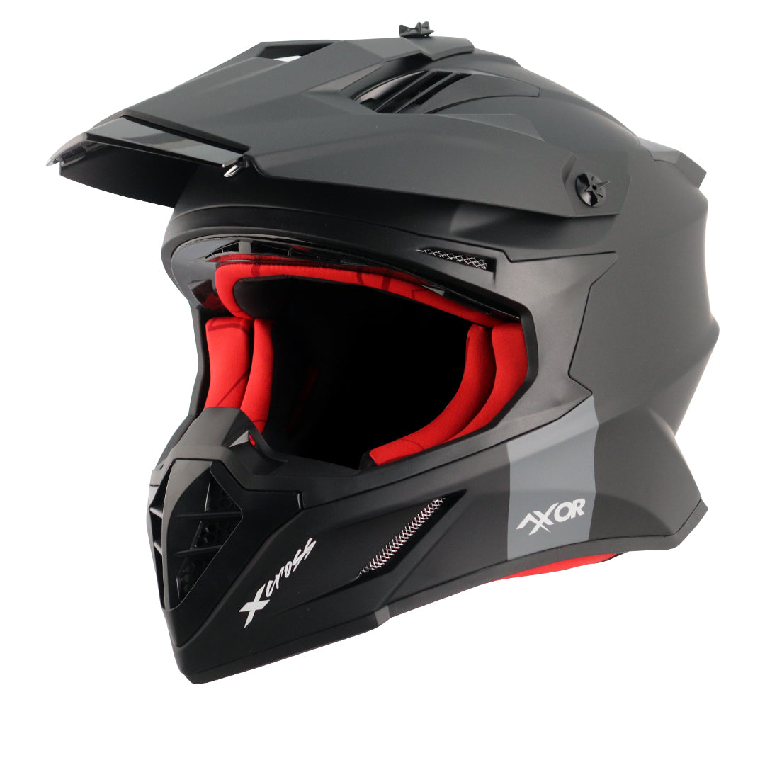 Motorcycle motocross / ADV Helmet matt black red Off roading removable peak 
