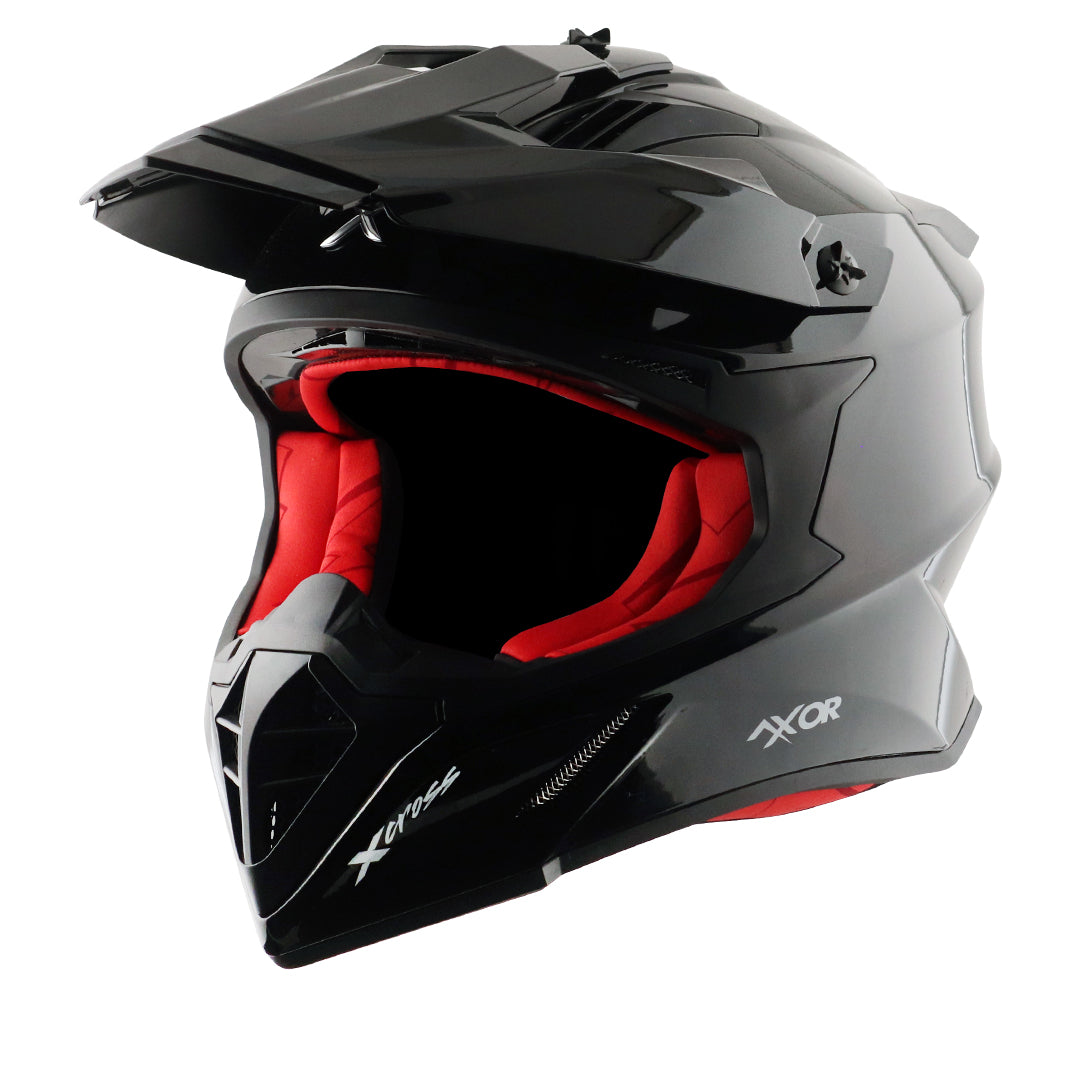 Motorcycle motocross / ADV Helmet glossy black red Off roading removable peak 