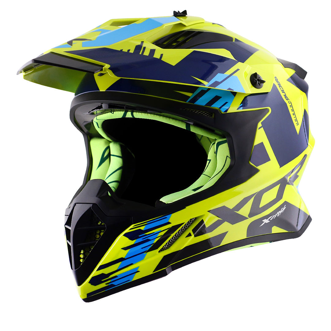 Motorcycle adv / off-road / motocross helmet neon yellow blue with black graphic adjustable peak