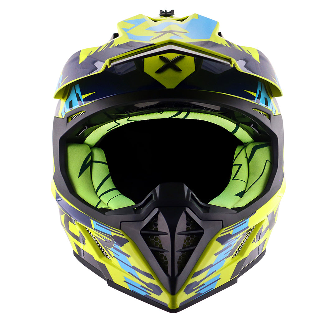 Motorcycle adv / off-road / motocross helmet neon yellow blue with black graphic adjustable peak