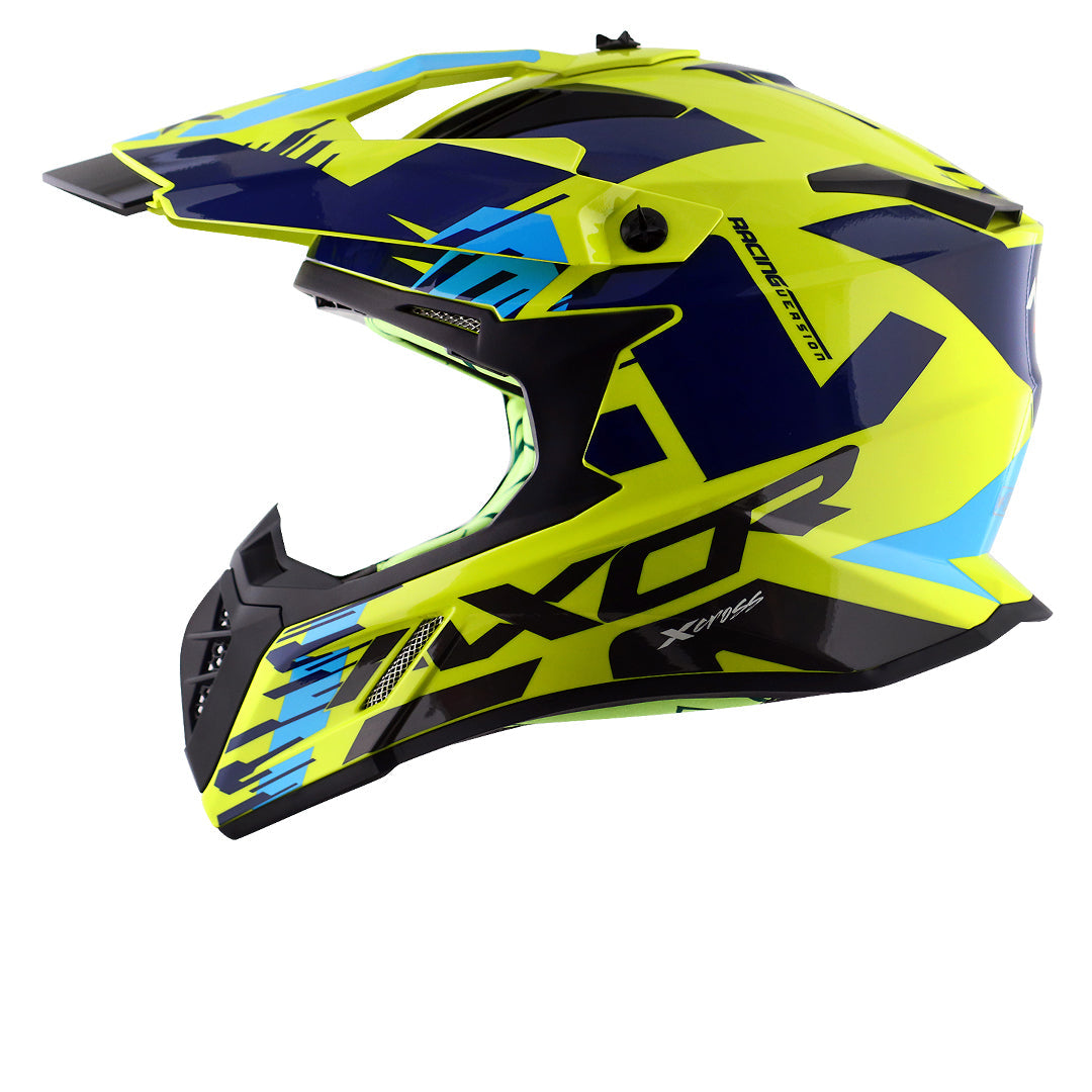 Motorcycle adv / off-road / motocross helmet neon yellow blue with black graphic adjustable peak