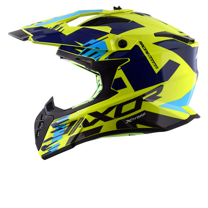 Motorcycle adv / off-road / motocross helmet neon yellow blue with black graphic adjustable peak
